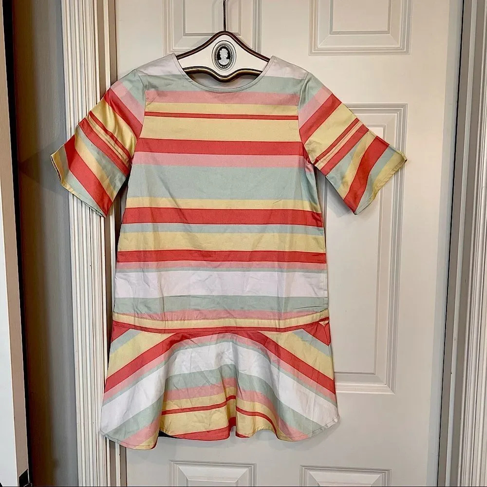 𝅺Crewcuts pink striped short bell‎ sleeve zipper back dress size 10 NWT